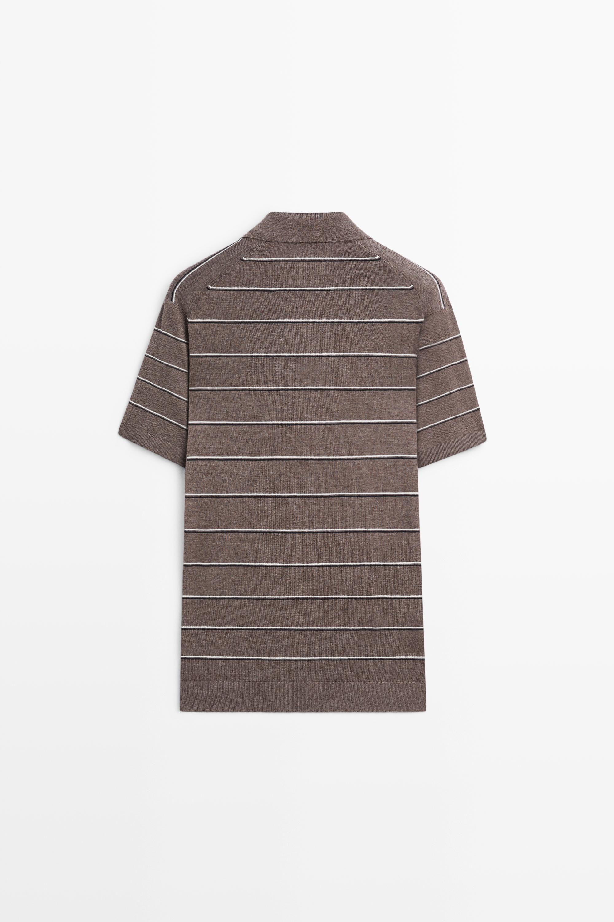 Striped knit V-neck polo shirt